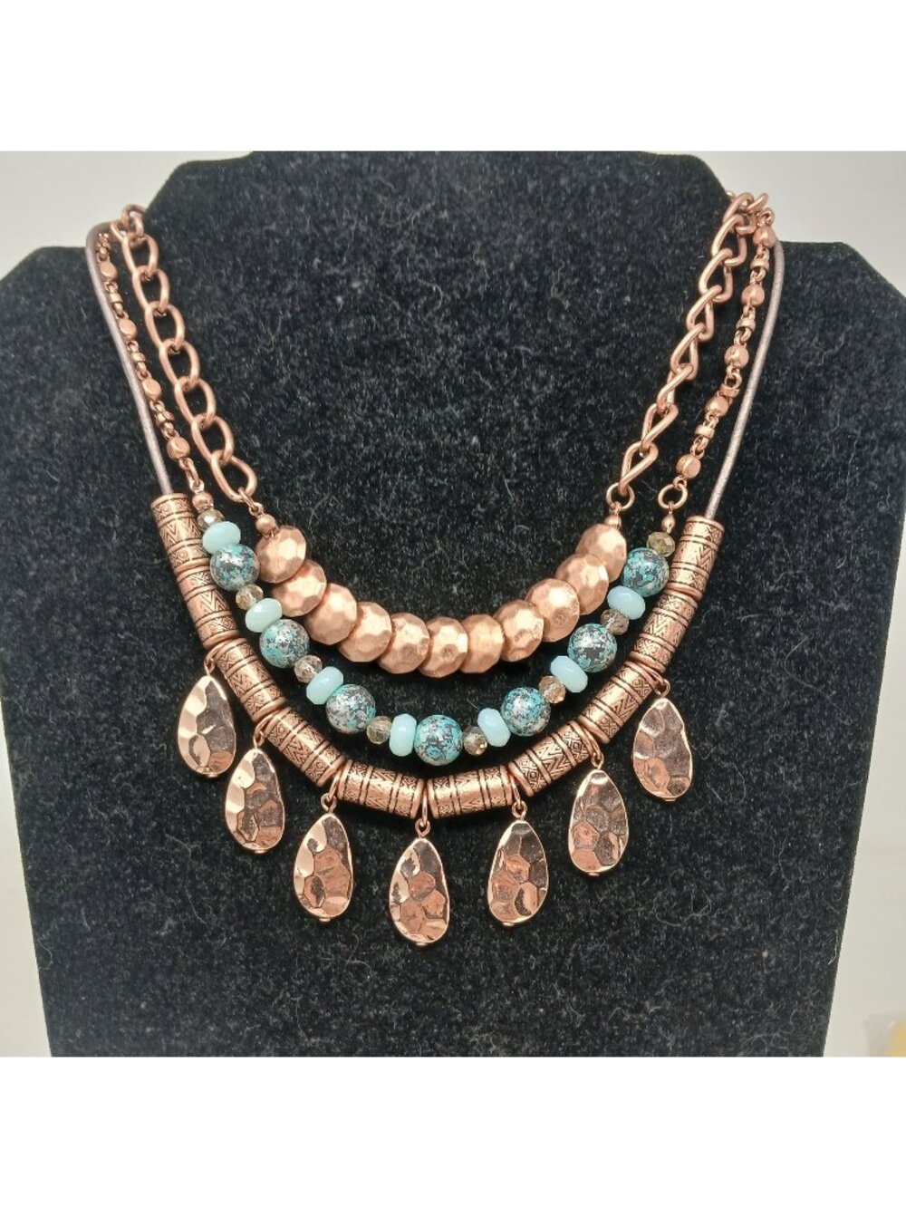 Premier Designs Prestley Layered Copper Aqua Necklace W/Stretch Bracelets Set J8